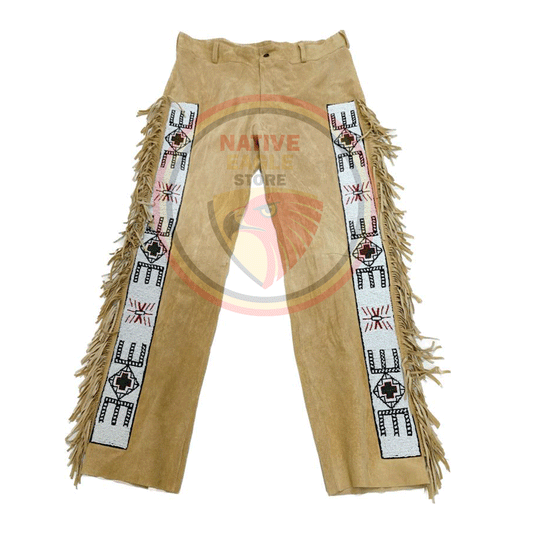 Native Men's Beige Buckskin Suede Leather Fringe Beaded Pants Powwow Pants NBP830