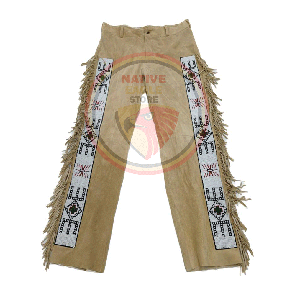 Native Men's Beige Buckskin Suede Leather Fringe Beaded Pants Powwow Pants NBP830