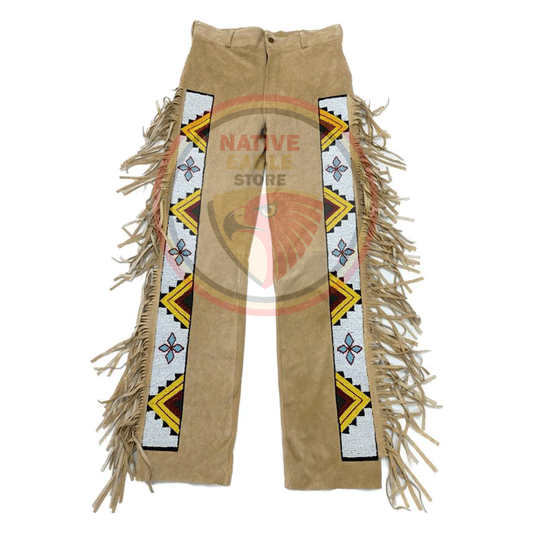 Native Men's Beige Buckskin Suede Leather Fringe Beaded Pants Powwow Pants NBP145