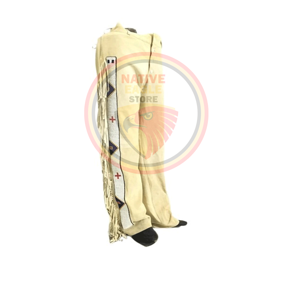 Native Men's Beige Buckskin Suede Leather Fringe Beaded Pants Powwow Pants NBP146