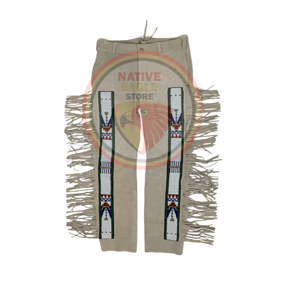 Native Men's Beige Buckskin Suede Leather Fringe Beaded Pants Powwow Pants NBP149