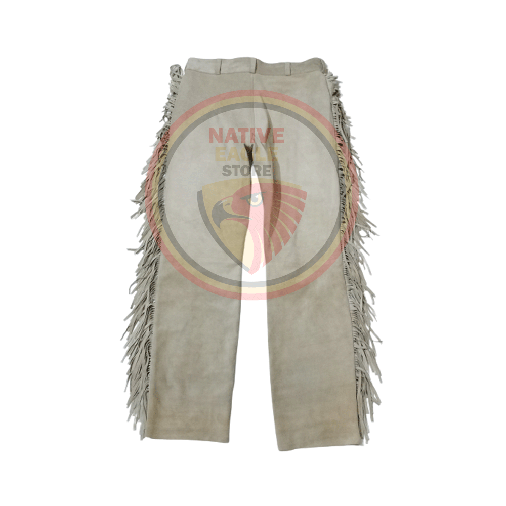 Native Men's Beige Buckskin Suede Leather Fringe Beaded Pants Powwow Pants NBP156