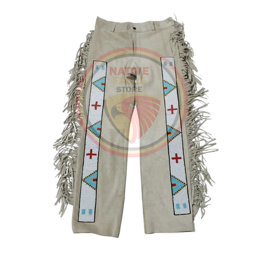 Native Men's Beige Buckskin Suede Leather Fringe Beaded Pants Powwow Pants NBP155