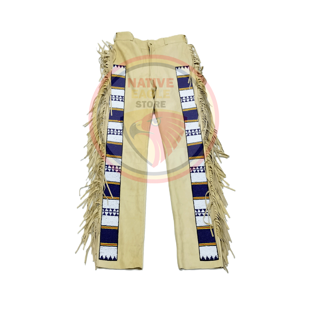 Native Men's Beige Buckskin Leather Fringe Beaded Pants Powwow Pants NBP336