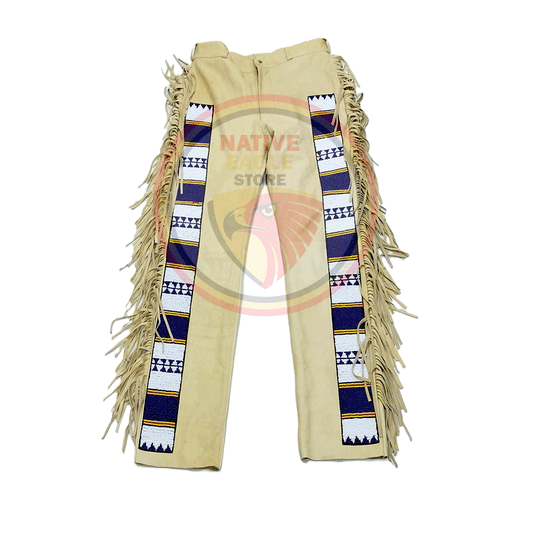 Native Men's Beige Buckskin Leather Fringe Beaded Pants Powwow Pants NBP336