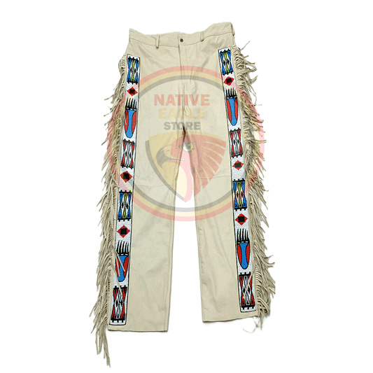 Native Men's Beige Buckskin Leather Fringe Beaded Pants Powwow Pants NBP248