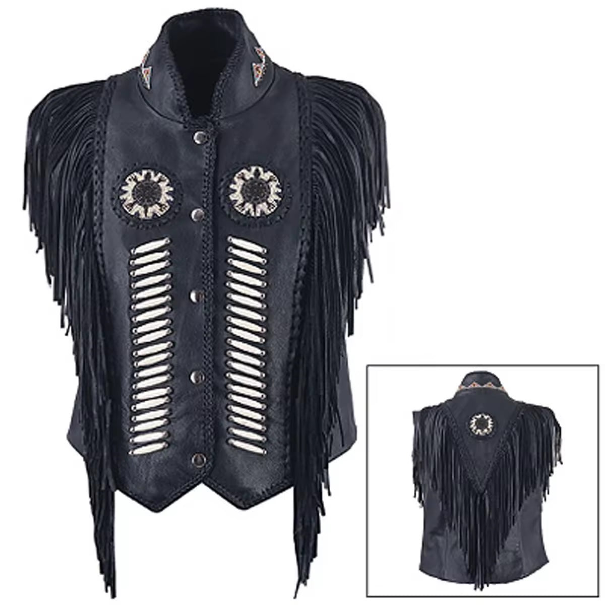 Black leather vest with fringe and decorative elements on a white background