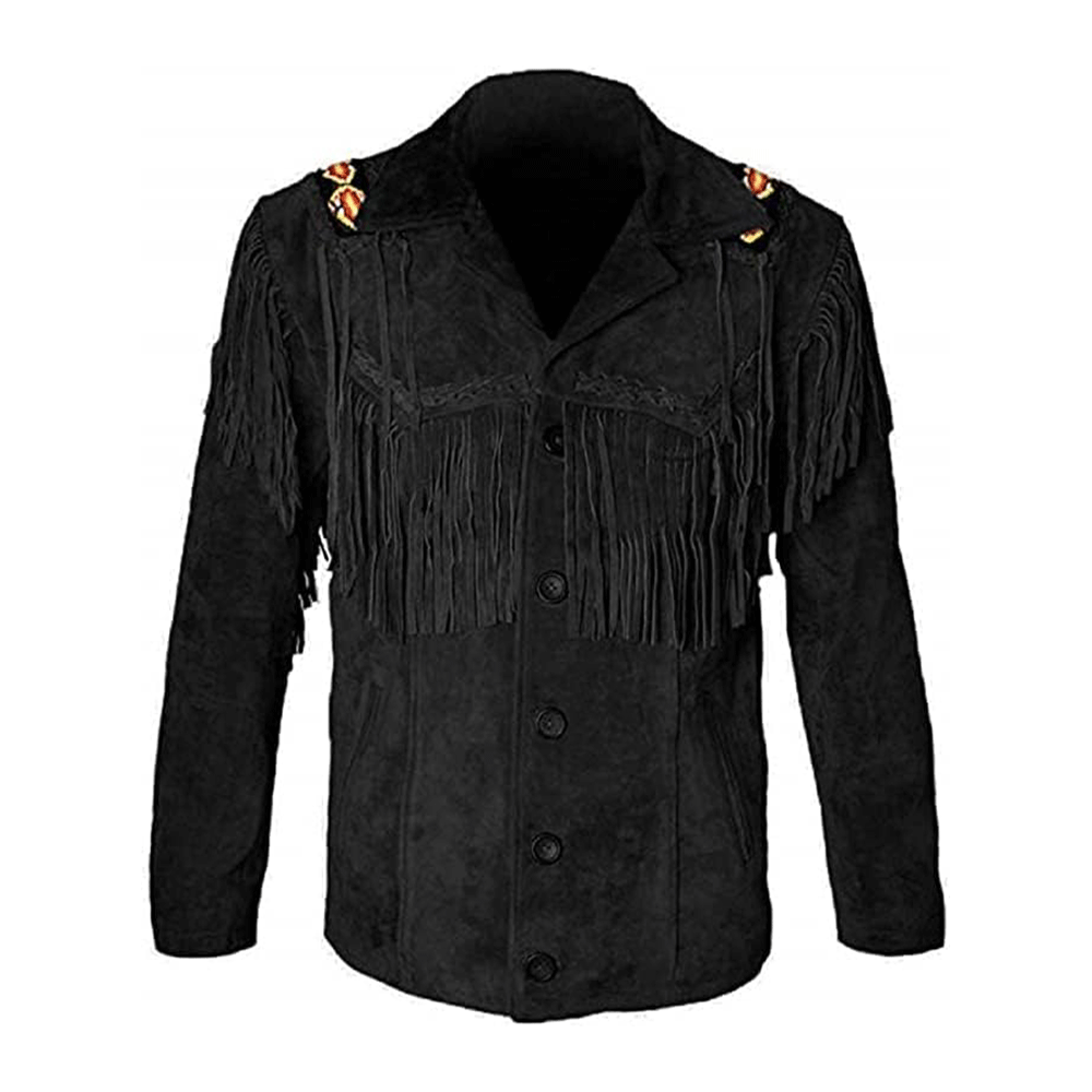 Men's Western Black Suede Leather Fringe Beaded Jacket MW811