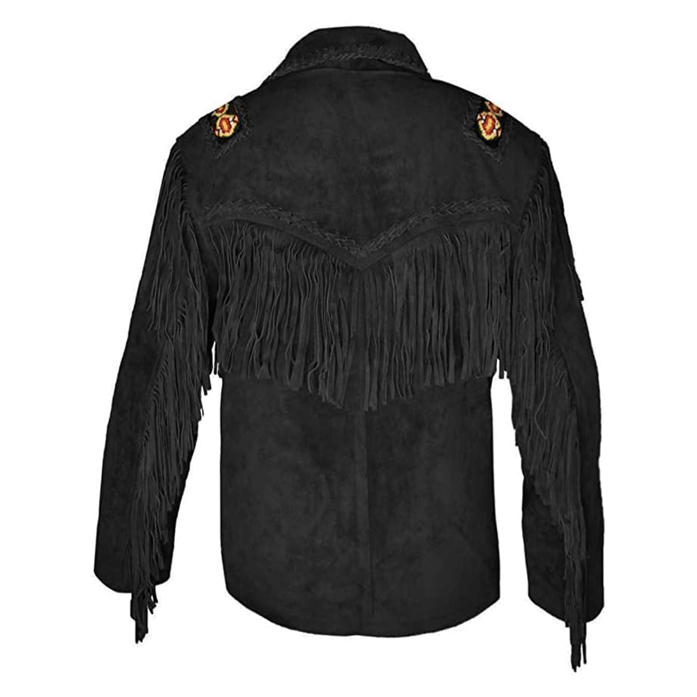 Men's Western Black Suede Leather Fringe Beaded Jacket MW811