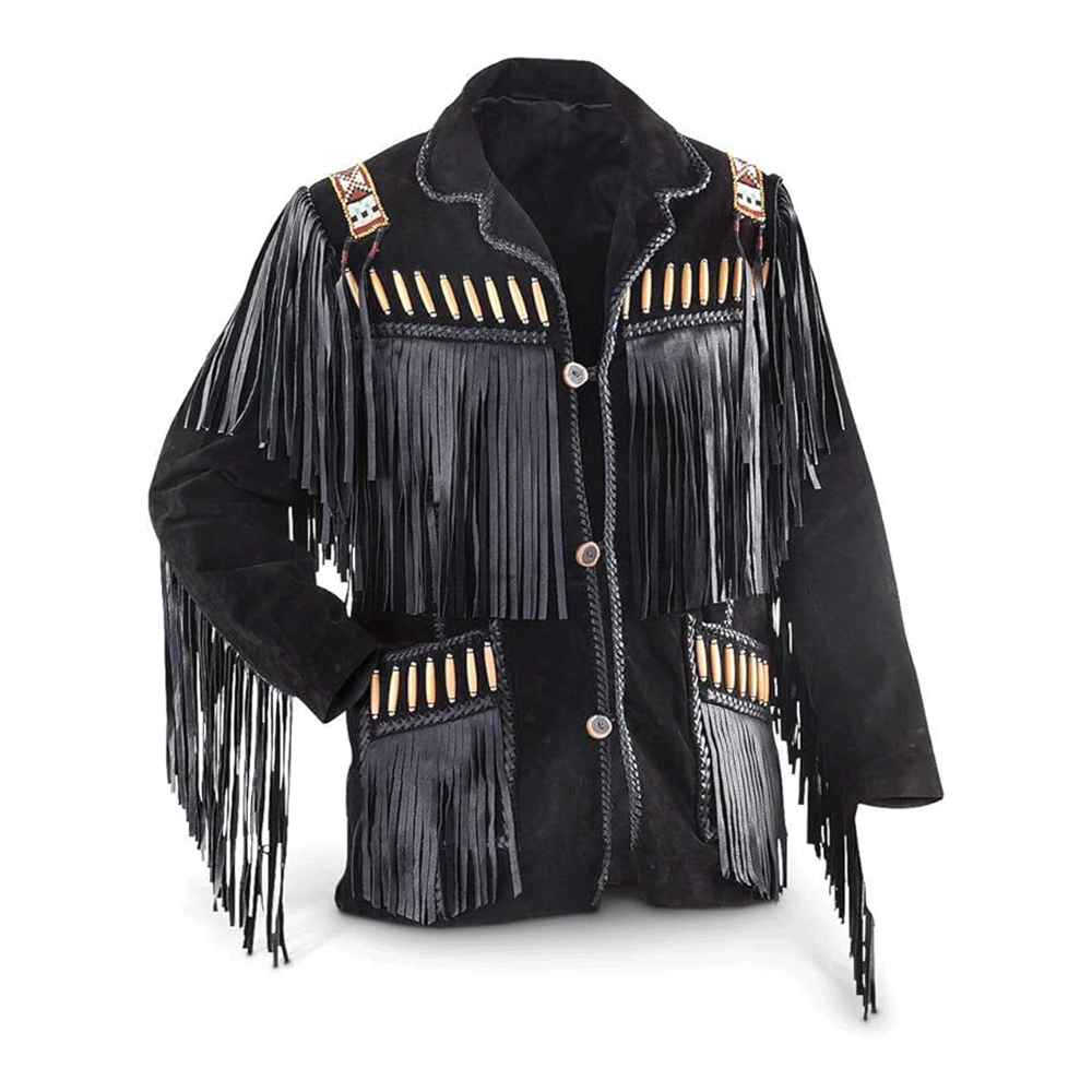 Men's Western Black Buckskin Suede Leather Beaded Fringes Jacket MWB57