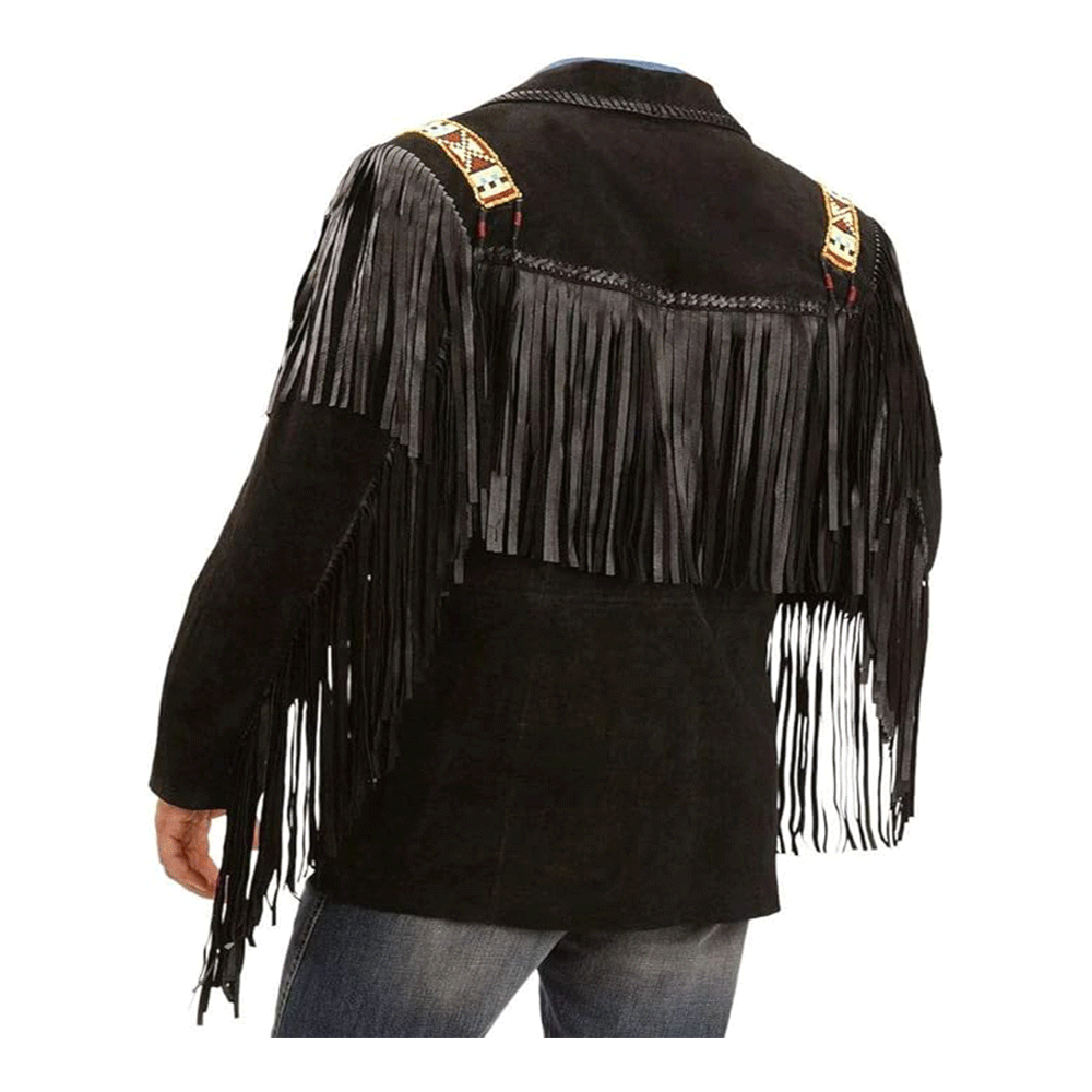 Men's Western Black Buckskin Suede Leather Beaded Fringes Jacket MWB57