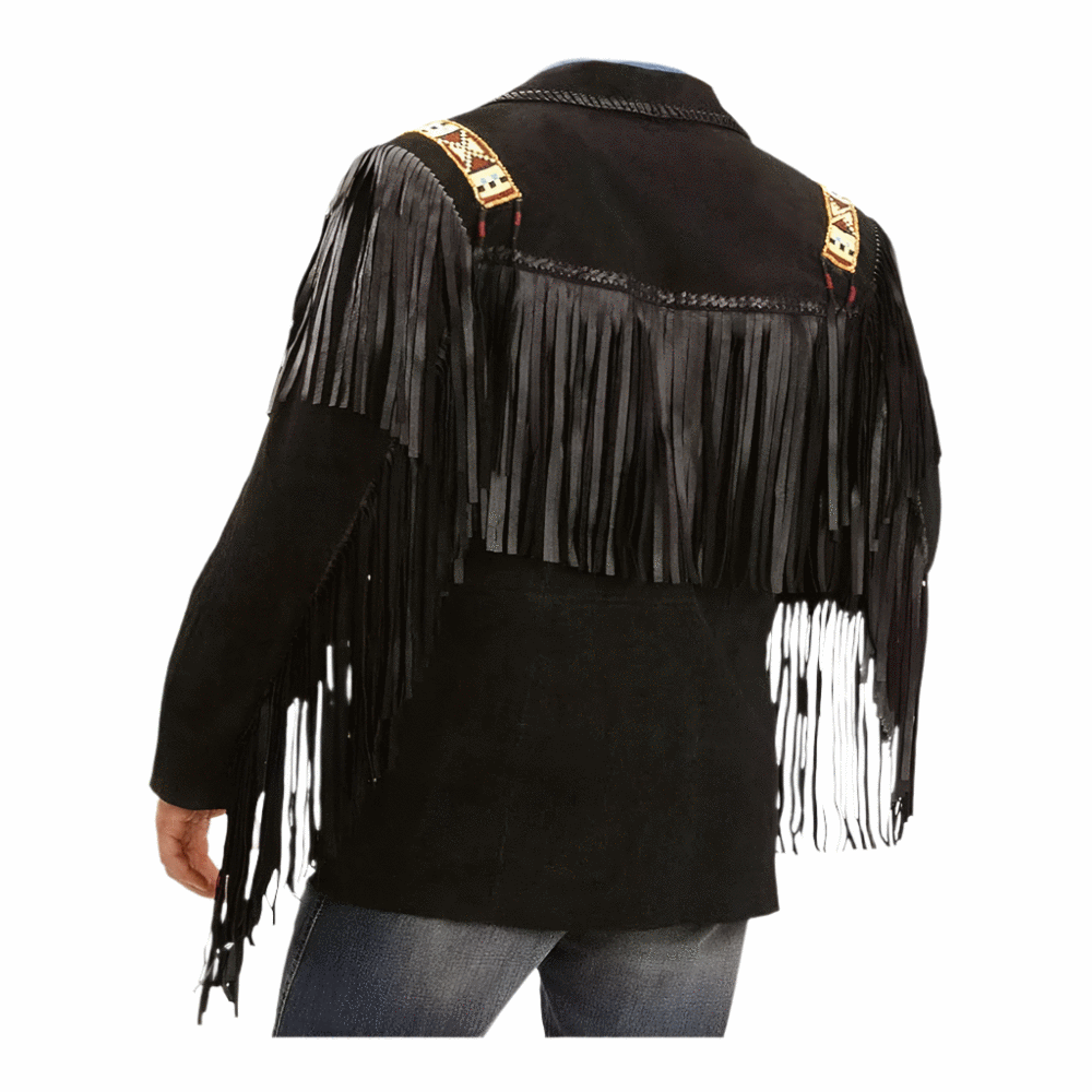 Men's Black Suede Leather Fringe Bone Beaded Jacket MW889