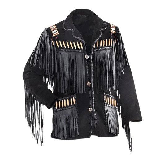 Men's Black Suede Leather Fringe Bone Beaded Jacket MW889