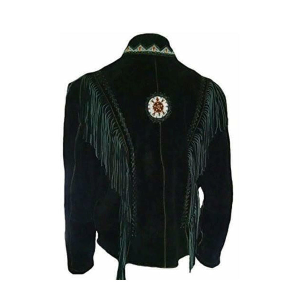 Black Suede Leather Fringe Bone Beaded work Jacket For Women WWJ511