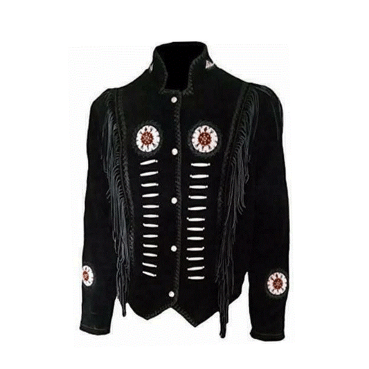 Black Suede Leather Fringe Bone Beaded work Jacket For Women WWJ511