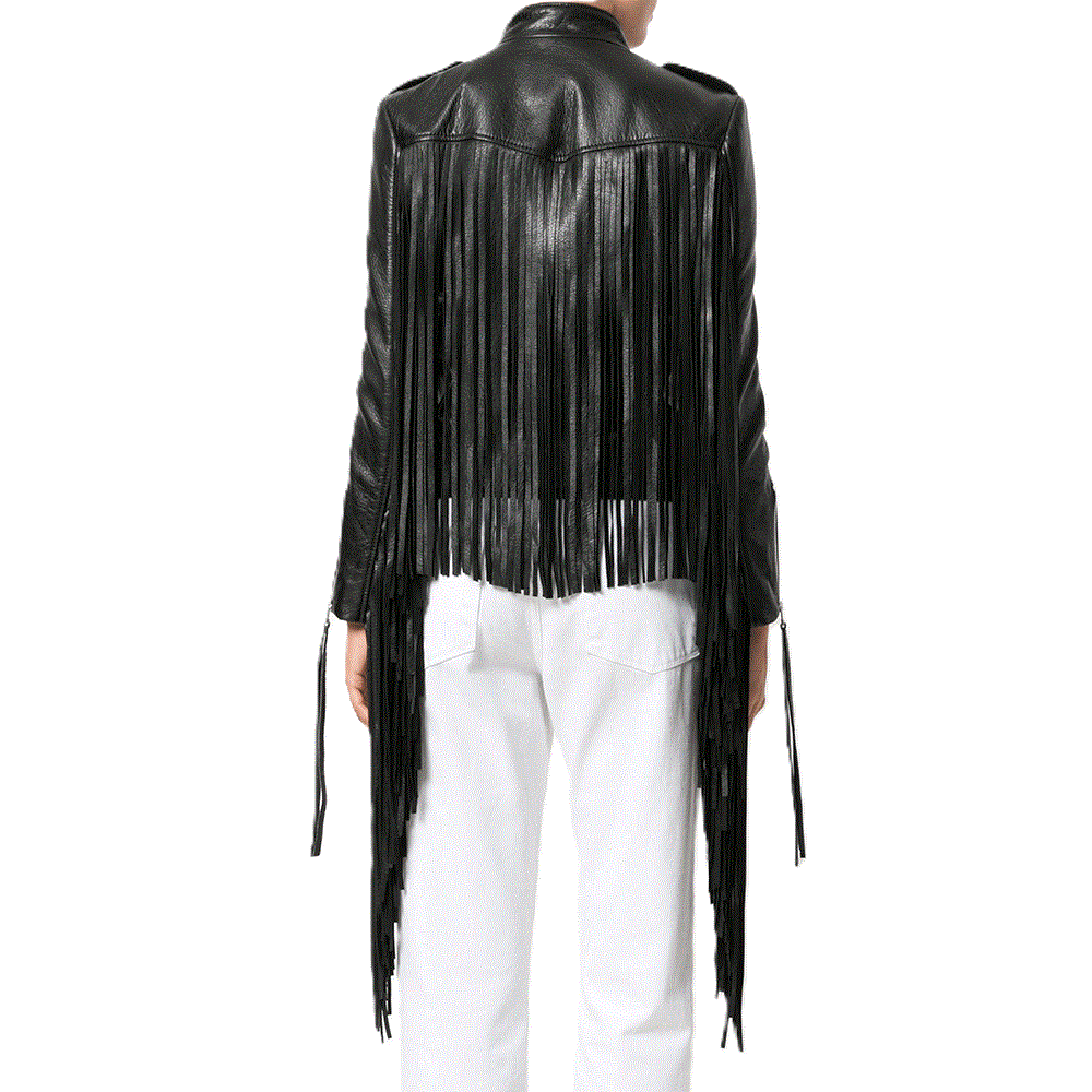 Black Leather Long Fringe Jacket For Women WWJ547