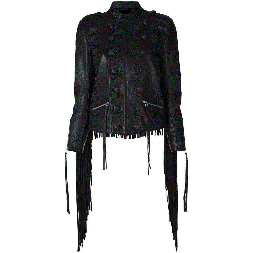 Black Leather Long Fringe Jacket For Women WWJ547