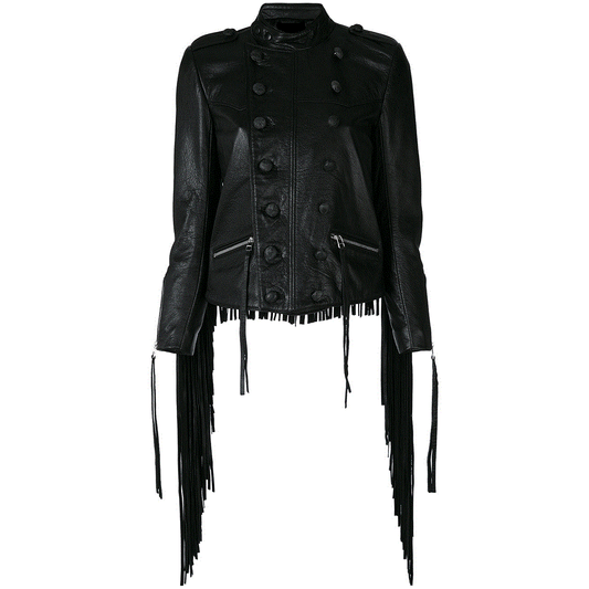 Black Leather Long Fringe Jacket For Women WWJ547