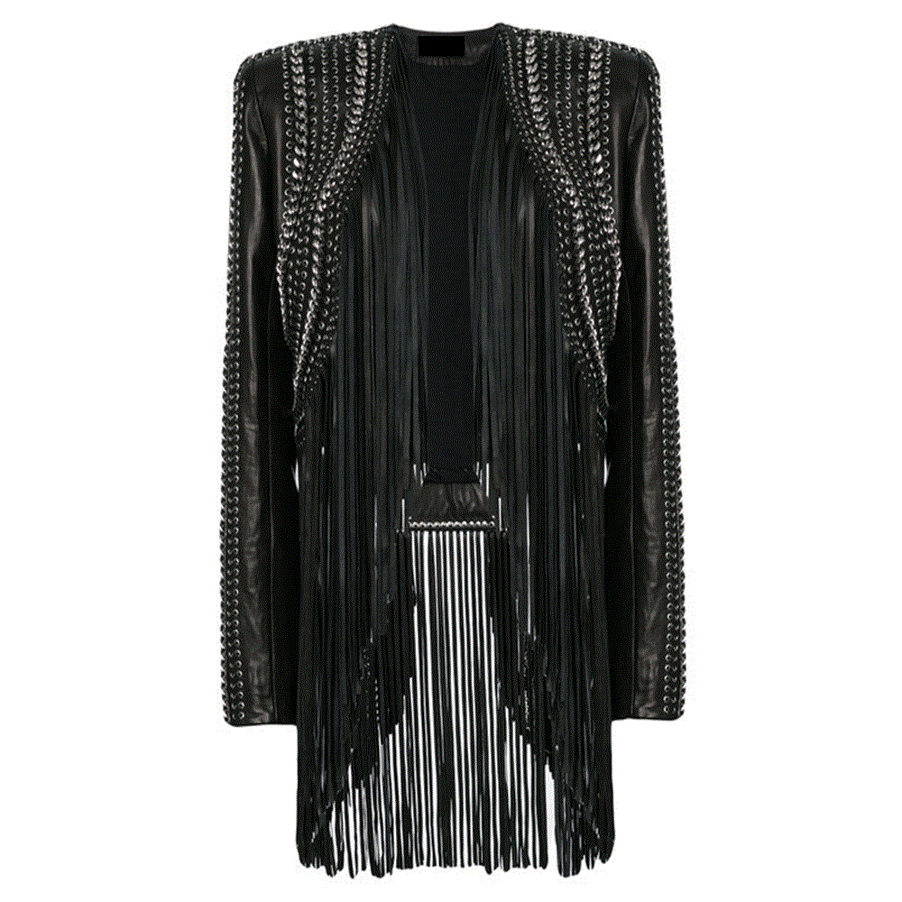 Black Real Leather Long Fringe Silver Studded Jacket For Women WWJ713