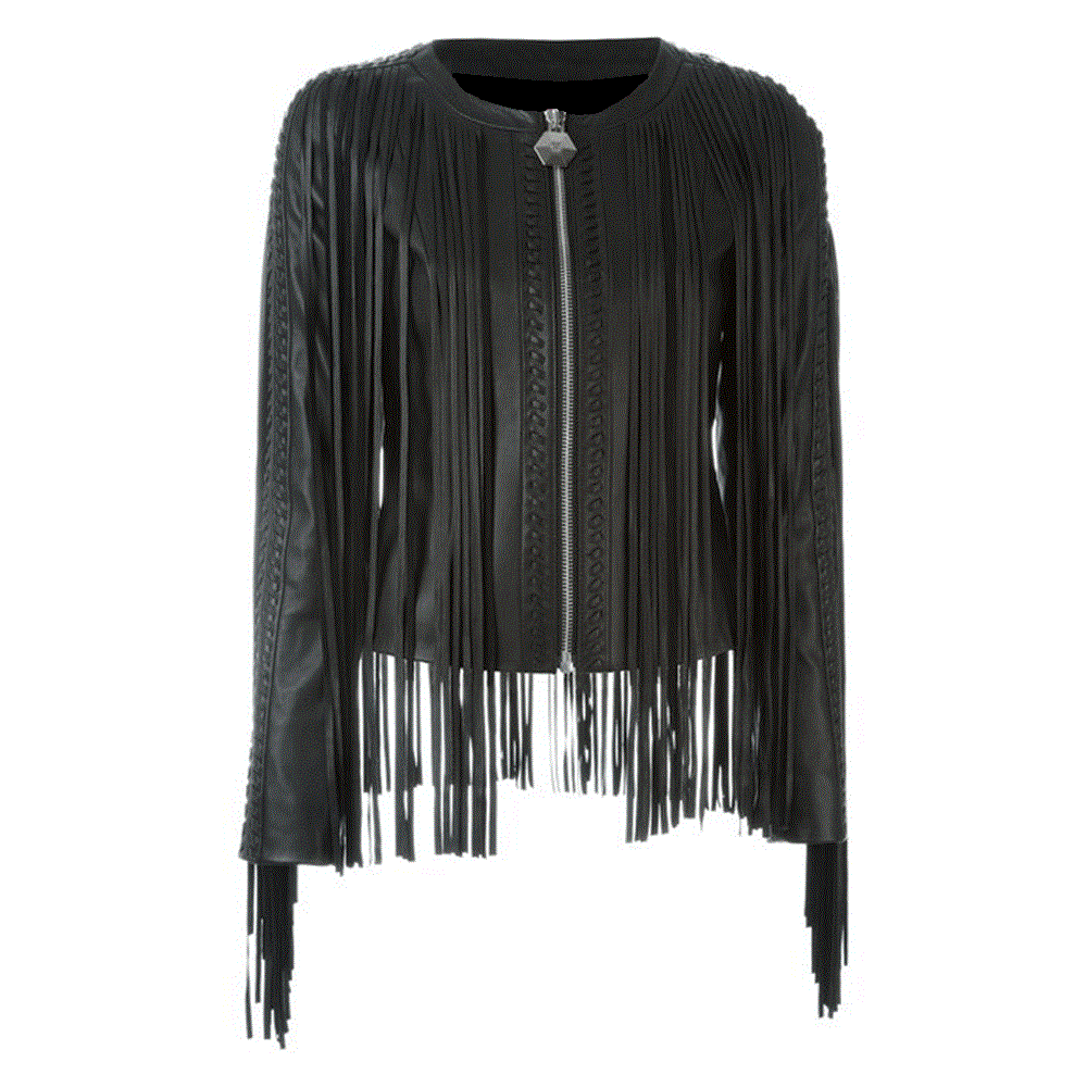 Black Leather Long Fringe Jacket For Women WWJ711