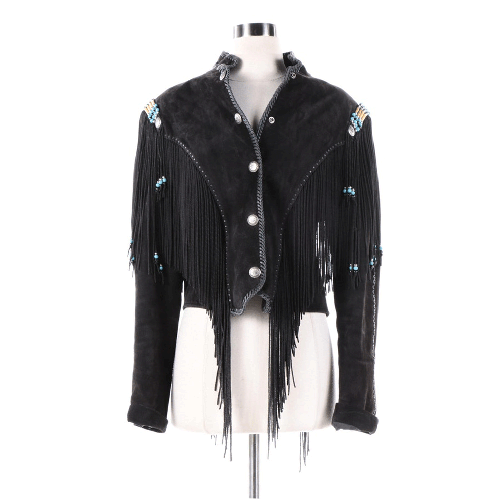 Black Suede Leather Twisted Fringe Jacket For Women WWJ545