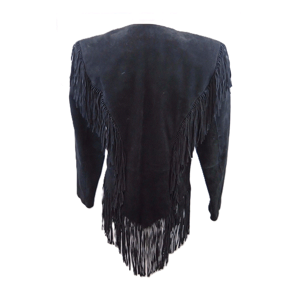 Black Suede Leather Fringe Jacket Coat  For Women WWJ542