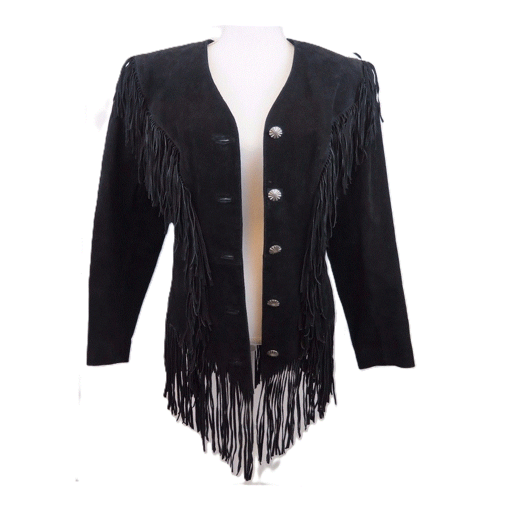 Black Suede Leather Fringe Jacket Coat  For Women WWJ542