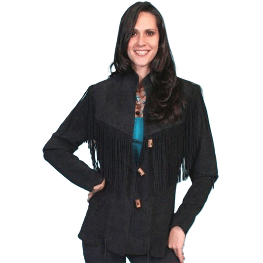 Black Suede Leather Fringe Jacket Coat For Women WWJ543