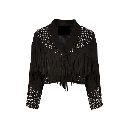 Black Suede Leather Fringe Stud Jacket For Women WWJ537