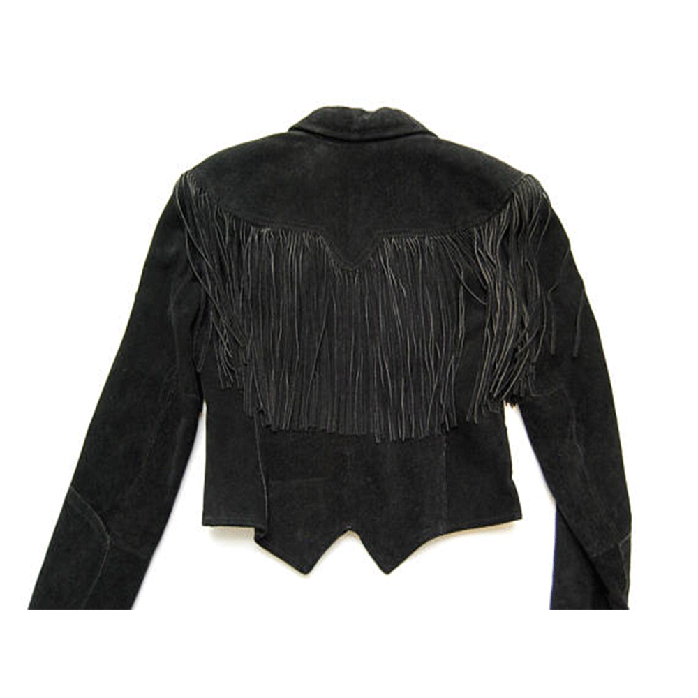 Black Suede Leather Fringe Short Body Jacket For Women WWJ536