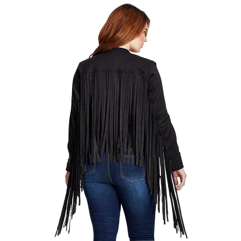 Black & Maroon Suede Leather Fringe Jacket For Women WWJ709