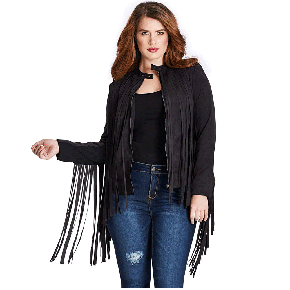 Black & Maroon Suede Leather Fringe Jacket For Women WWJ709