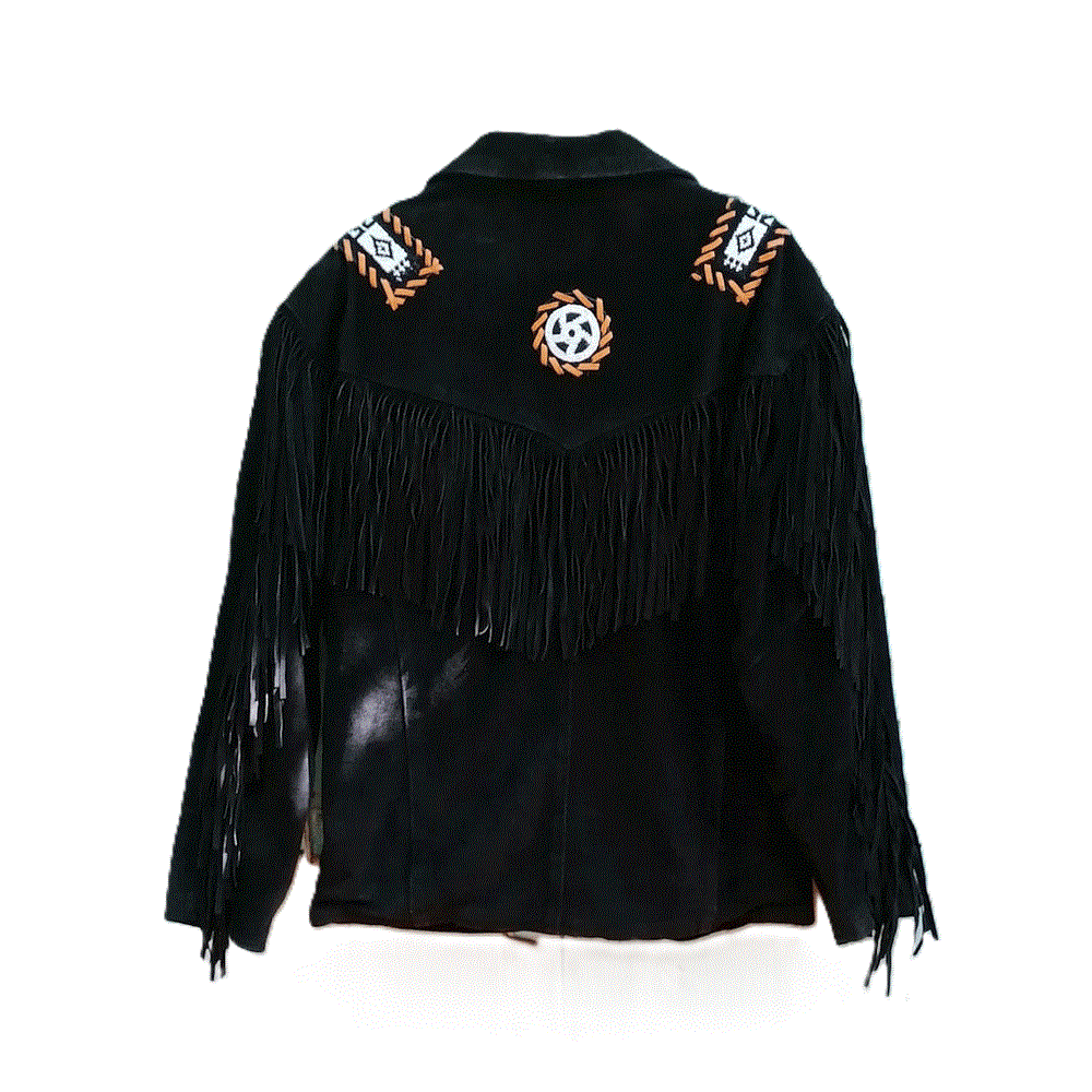 Black Suede Leather Fringe Beaded Jacket For Women WWJ614