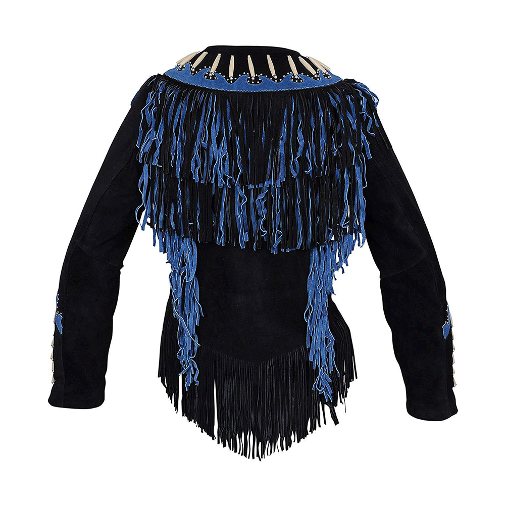 Black Suede Leather Jacket Blue Fringes For Women WWJ605