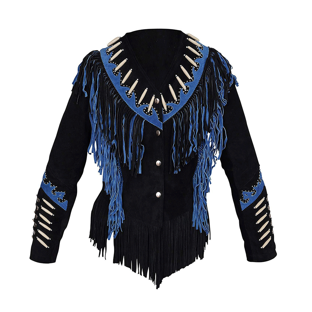 Black Suede Leather Jacket Blue Fringes For Women WWJ605