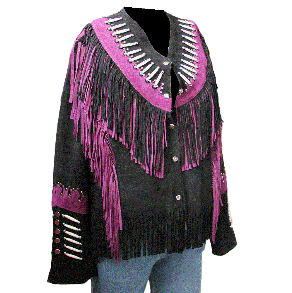 Black Suede Leather Black & Pink Fringes For Women WWJ604