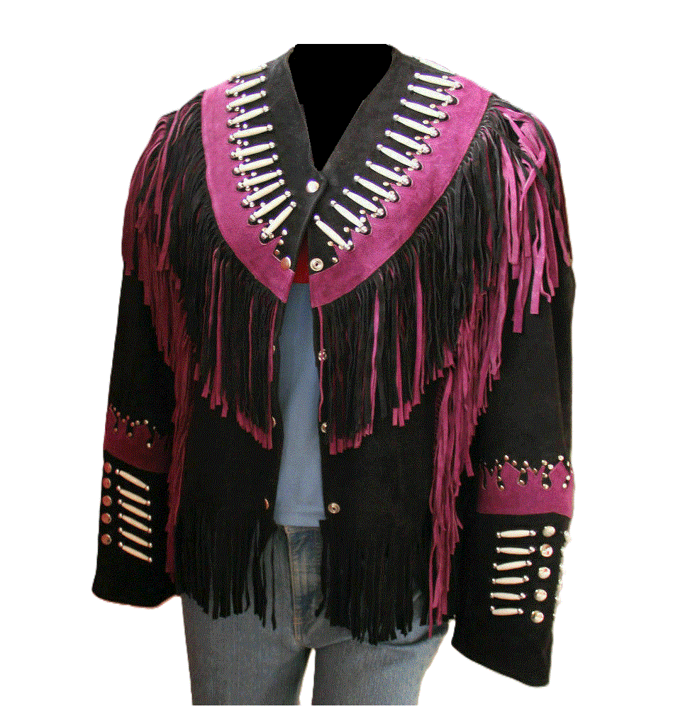 Black Suede Leather Black & Pink Fringes For Women WWJ604