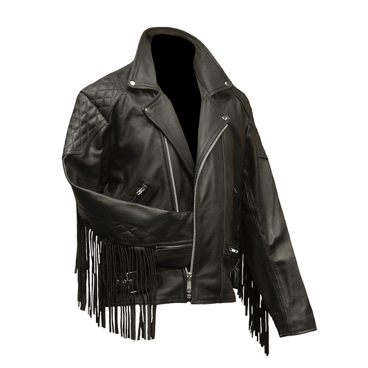 Men's Western Black Leather Biker Fringe Jacket MW837