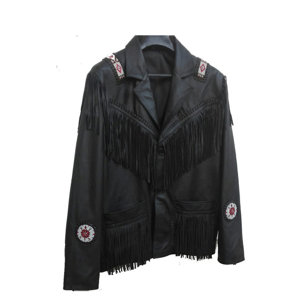 Men's Western Black Leather Fringe Beaded Jacket MW815