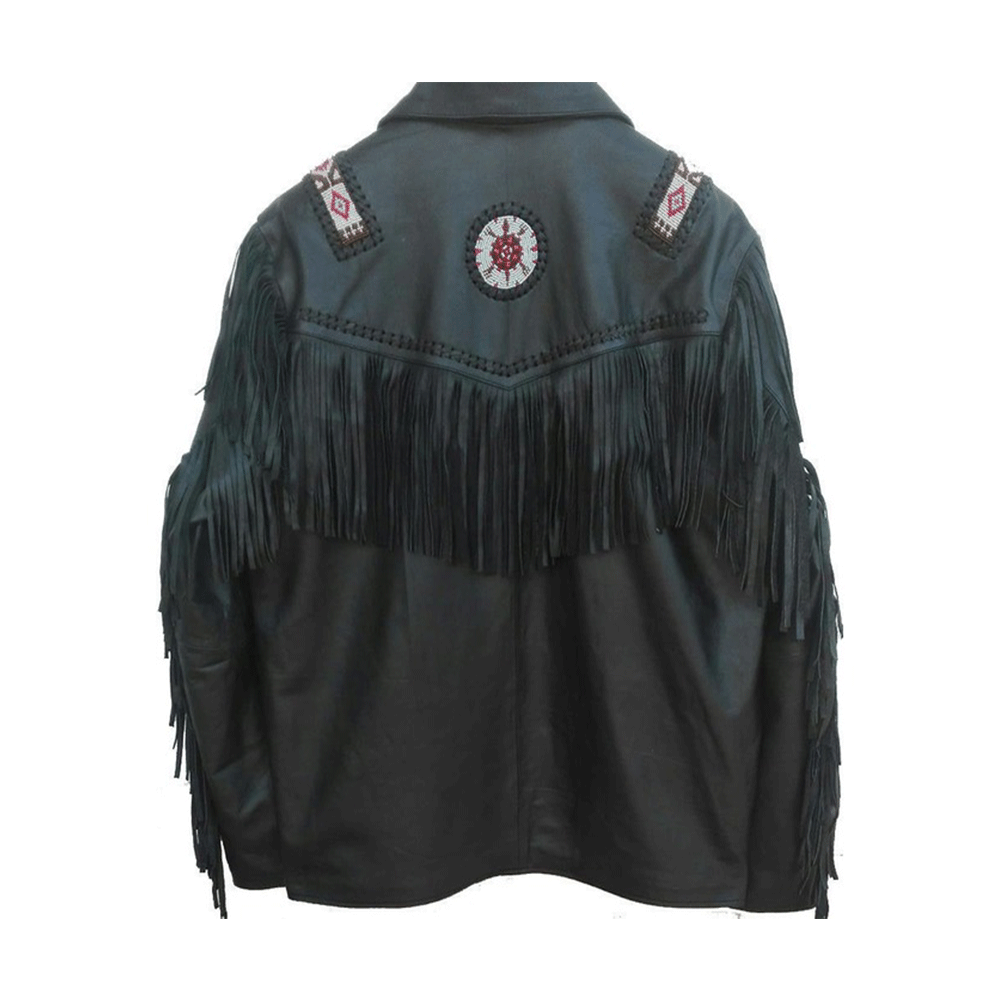 Men's Western Black Leather Fringe Beaded Jacket MW815