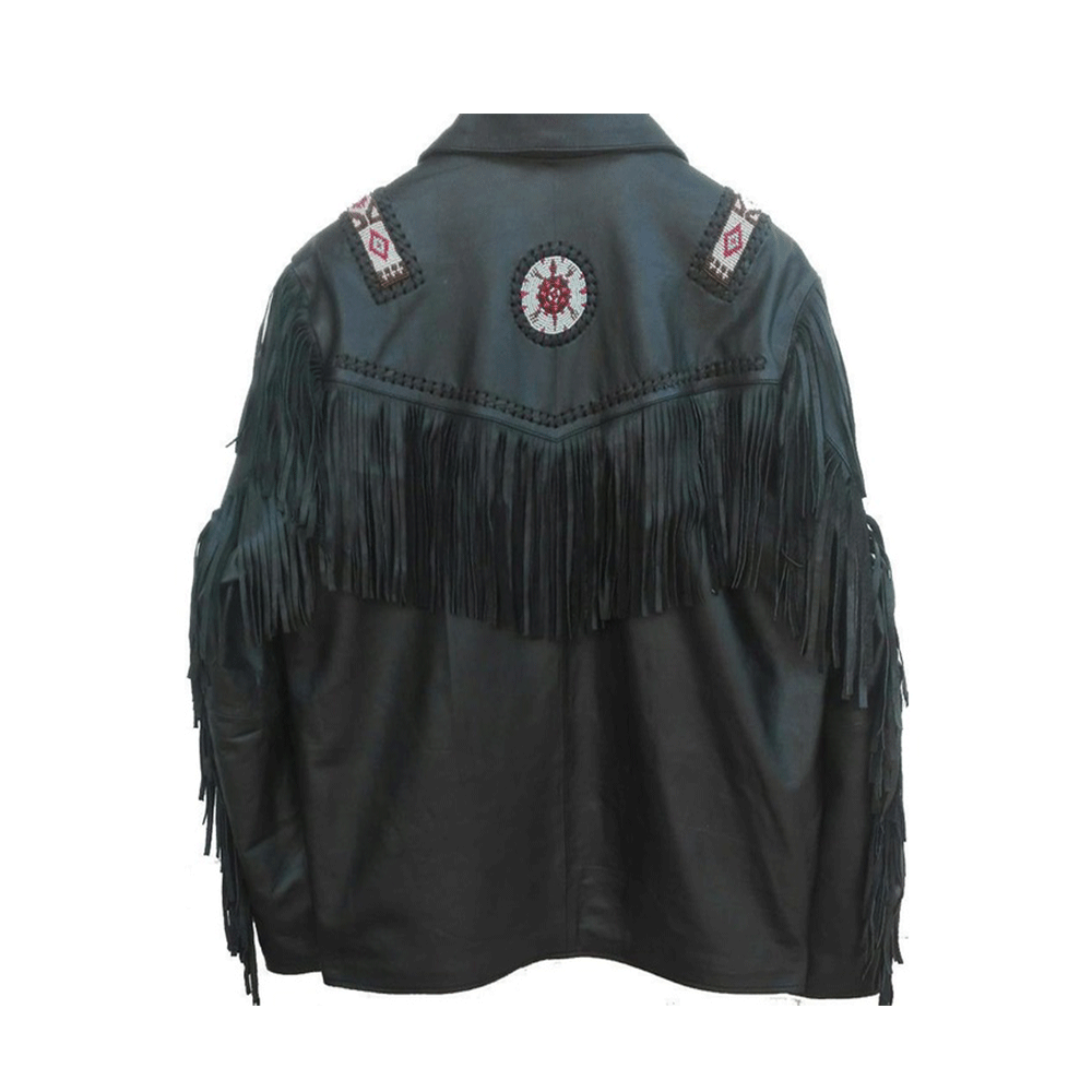 Men's Western Black Leather Fringe Beaded Jacket MW815