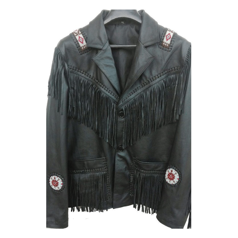 Men's Western Black Leather Fringe Beaded Jacket MW815