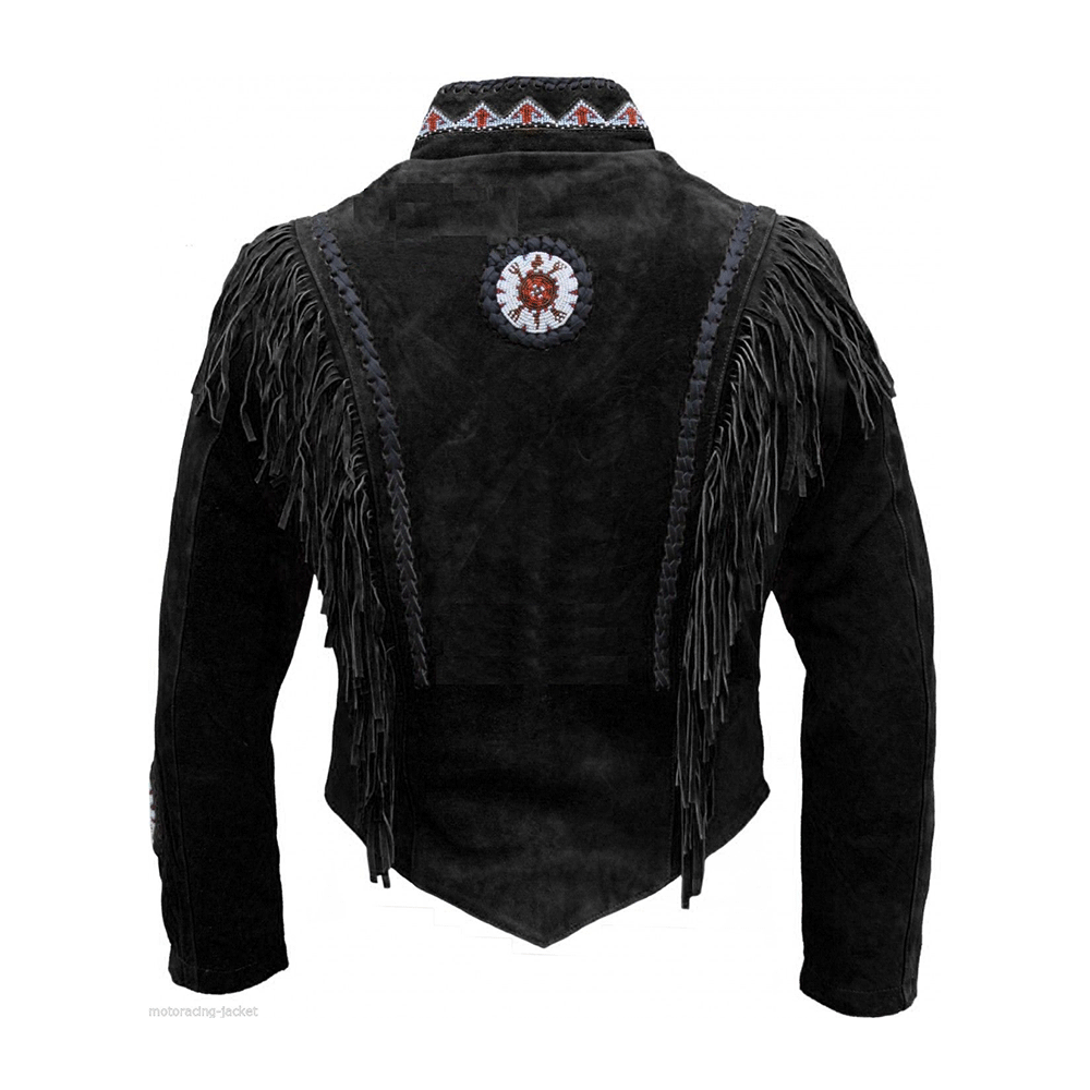 Men's Western Black Suede Leather Fringe Beaded Jacket MW809