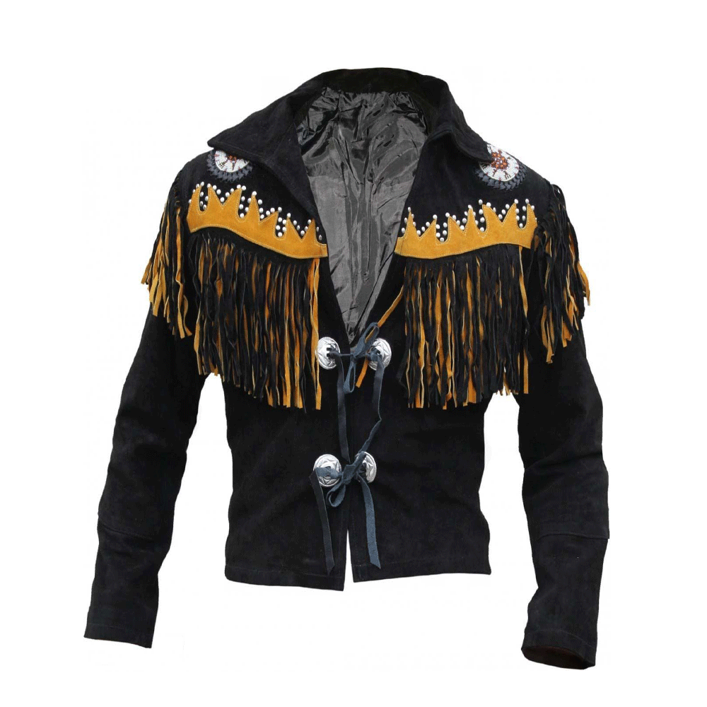 Men's Western Black Suede Leather Fringe Beaded Jacket MW816