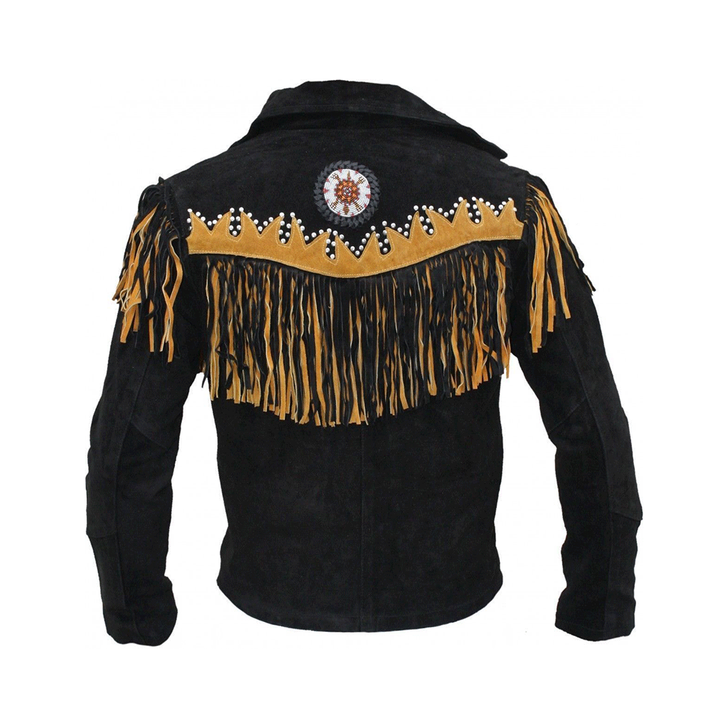 Men's Western Black Suede Leather Fringe Beaded Jacket MW816