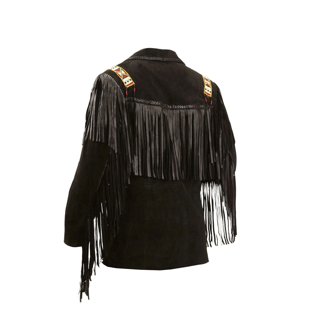 Men's Western Black Suede Leather Fringe Beaded  Bone work Jacket MW810