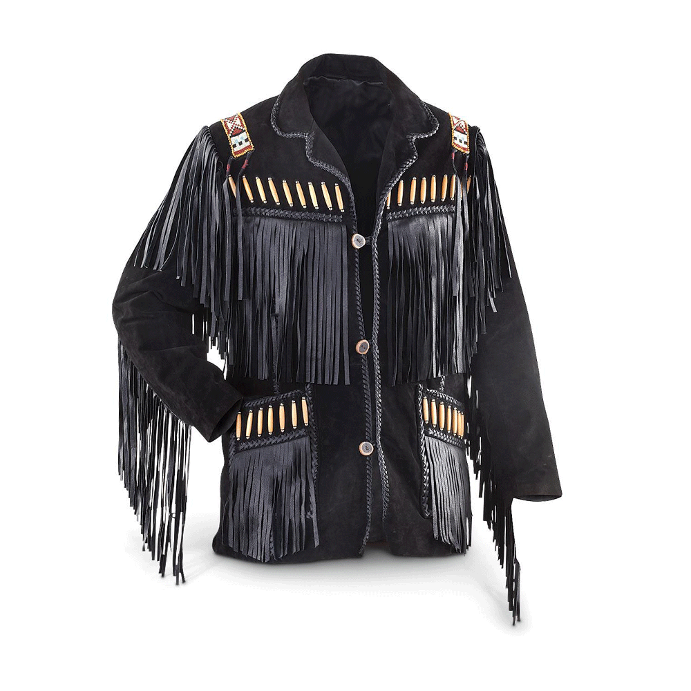 Men's Western Black Suede Leather Fringe Beaded  Bone work Jacket MW810