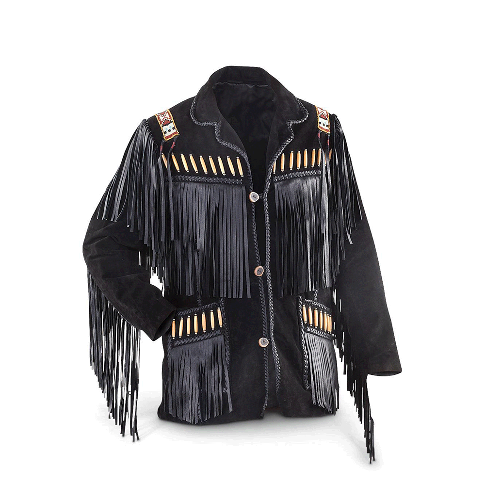 Men's Western Black Suede Leather Fringe Beaded  Bone work Jacket MW810