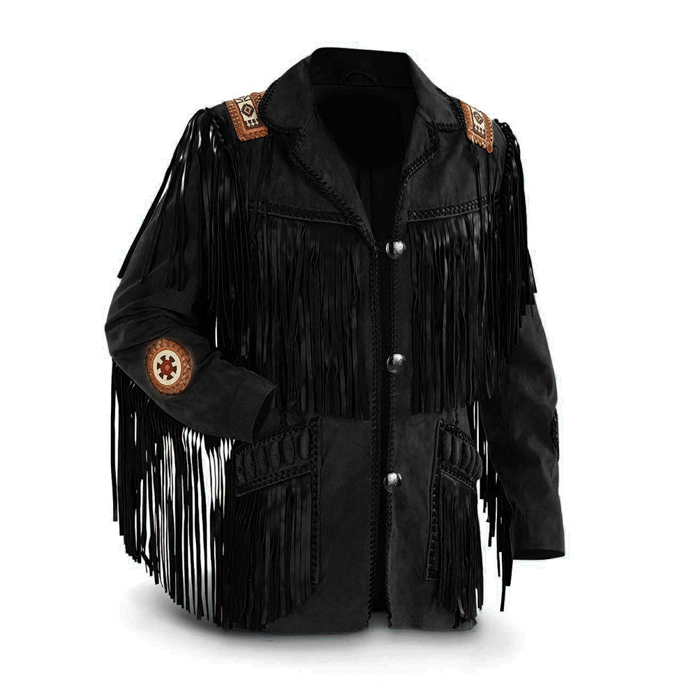 Men's Western Brown Buckskin Suede Leather Beaded Fringes Jacket MW805