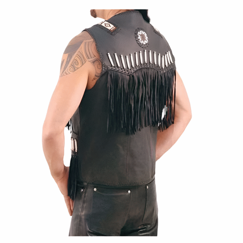 Men's Western Black Leather Fringe Beaded Vest MV521